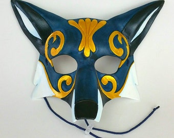 Blue Ornate Leather Fox Mask Blue Kitsune Mask