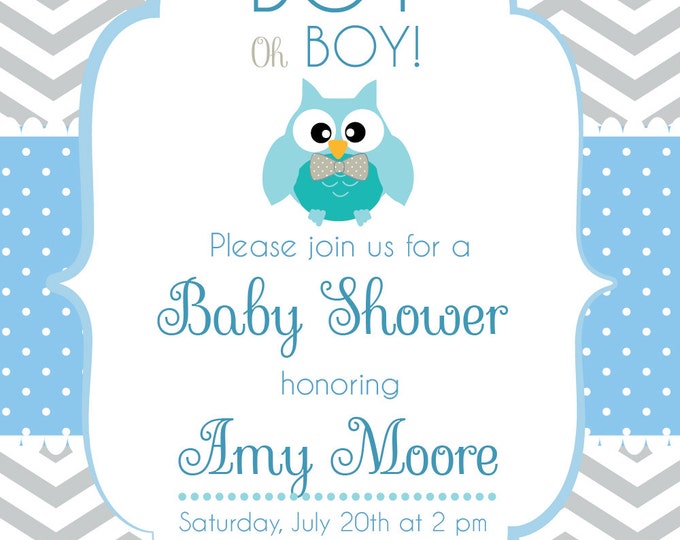 Baby Shower Invitation. Baby boy. Chevron style with cute owl. Printable