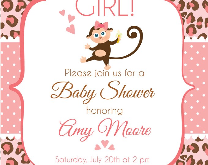 Baby Shower Invitation. Baby girl. Cheetah print babyshower invitation. Monkey babyshower. Elephant babyshower. Printable