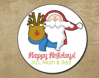 Santa and Rudolph Christmas Stickers, Holiday Gift Labels, Round Personalized Christmas Gift Stickers