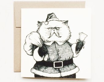 Santa Cat Christmas Card. Hand drawn design. Perfect holiday card for cat lovers.