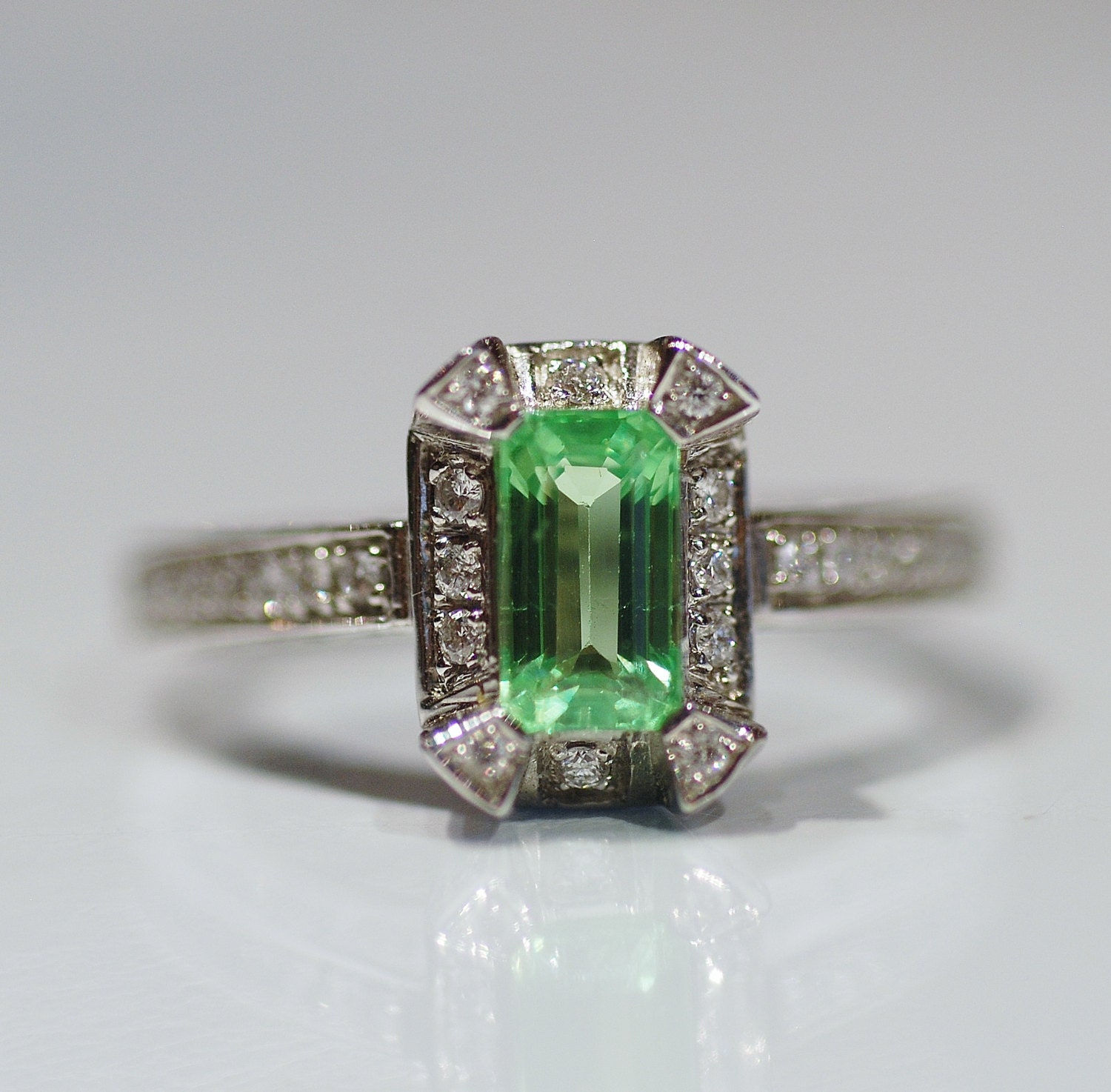 Emerald Cut Green African Garnet and Diamond Ring in White