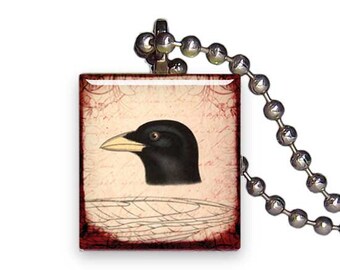 Crow Black Bird Head Vintage - Reclaimed Scrabble Tile Pendant Necklace