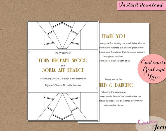 Art Deco Wedding Program Printable Template Folded Gold 5x7 Diy Editable Printable Template Deco Wedding Program Template