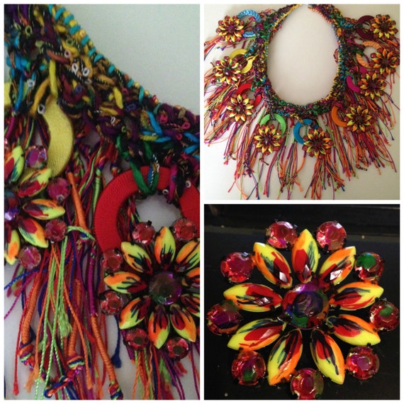 Bohemian statement, gypsy  fiber art necklace  ,crochet,  hand dyed mulberry silk yarn,  handpainted crystal navette,one-of-a-kind,colorful
