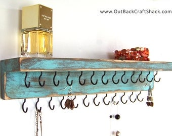 Distressed Wood Jewelry Holder: Rustic Decor - Teal w/25 Black Hooks; Rustic Necklace Organizer; Multiple colors/sizes available!