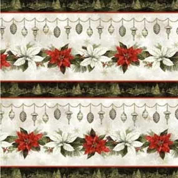 Woodland Christmas Poinsettia Border Stripe Fabric