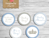 Boy Baby Shower Cupcake topper, Blue and Silver glitter sparkle printable party, Little Prince topper favor tags!