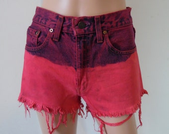 High waisted levis shorts, fushia pink ombre dyed, frayed ripped distressed jean shorts, small, waist 28