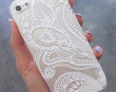 Apple iPhone 4, 4s 5 5s 5c 6 6 Plus/Samsung S3,S4,S5 & S6 Henna Paisley Floral White Lace Print Ethnic iphone Cover Case