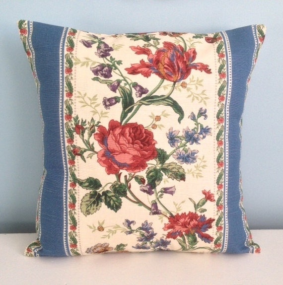 French Country pillow cover. Blue ivory red by sterlingstitchery