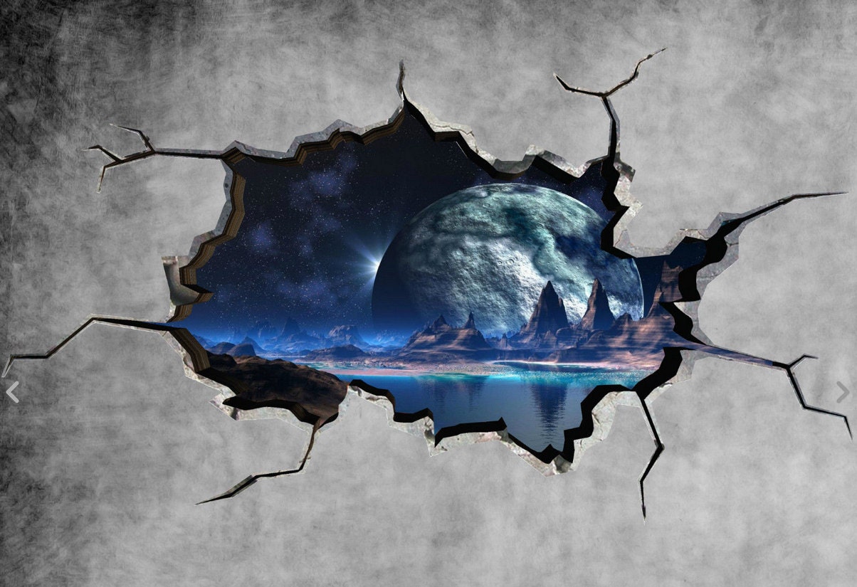 UFO Earth Space Galaxy Cracked Wall Sticker Stars Mural