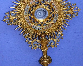 Dore Bronze Jeweled Enamel Church Monstrance Holy Eucharist Sacrament