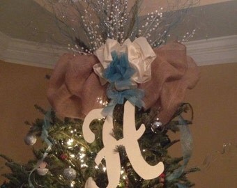 Handpainted wood Christmas tree topper initial w/bow