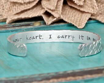 I carry your heart, I carry it in my heart, hand stamped bracelet, jewelry