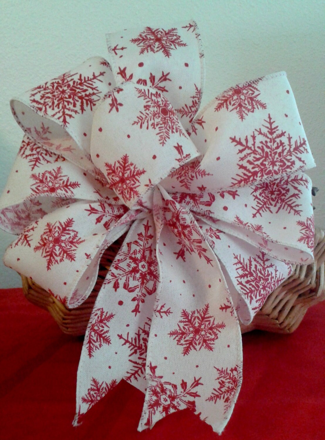 Snowflake Burlap Christmas Bow, Christmas Bow Topper, Burlap Wreath Bow, Red Christmas Bow, Tree Topper Bow, Garland Bow