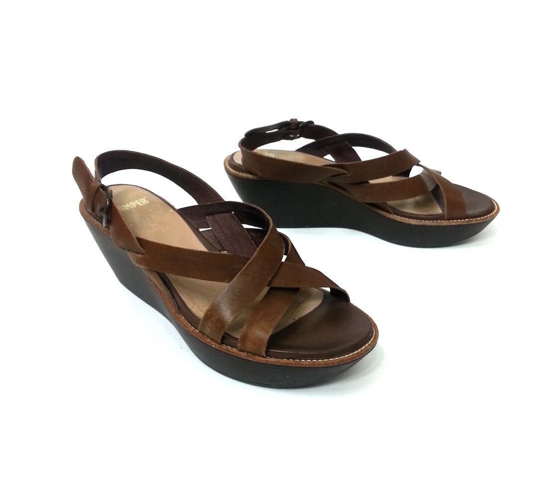 Spanish Camper Brand Boho Brown Leather Wedge Chunky Heels, Platform