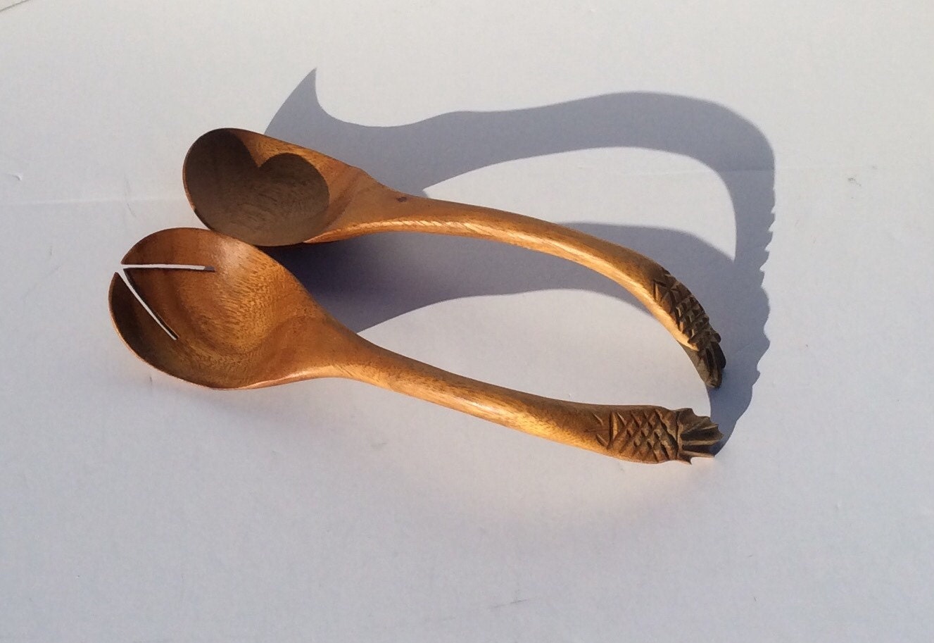 Vintage Wooden Spoon and Fork with Pineapple Carved Handle, Hawaiian