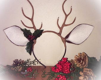 Deer Antler Headband Flower Crown Horns Christmas Halloween Costume Woodland Creature Cosplay