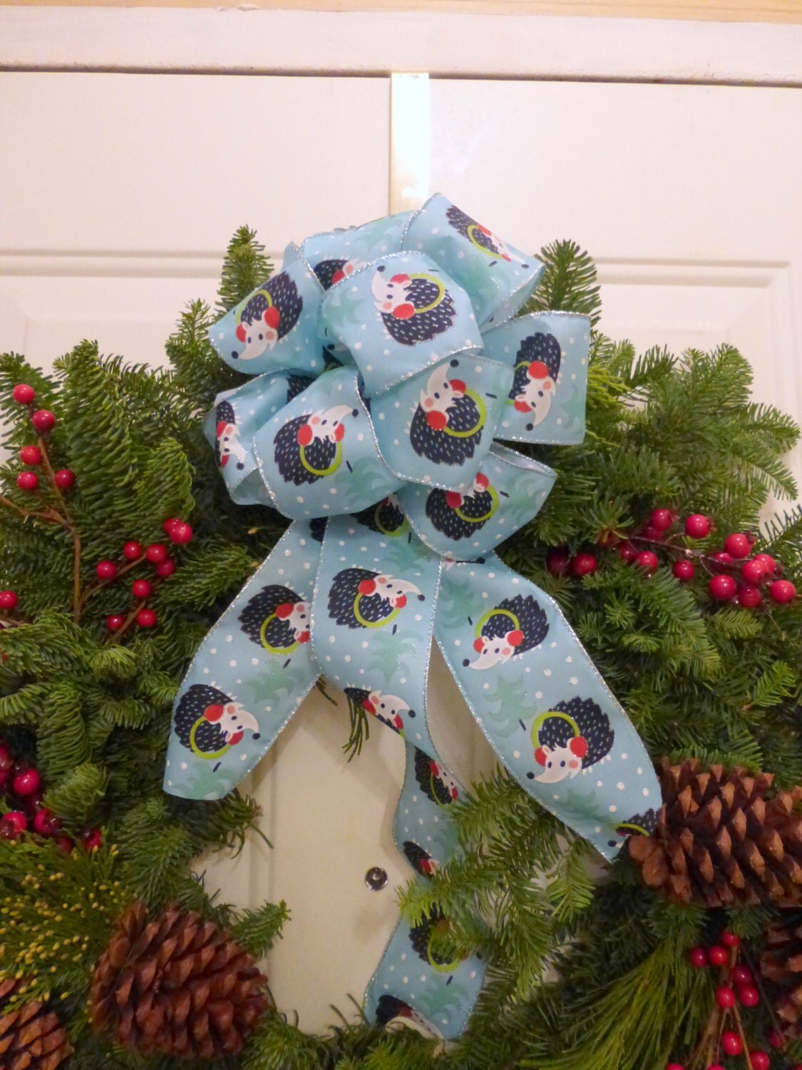 Hedgehog Christmas wreath bow, outdoor wreath bow, blue hedgehog bow