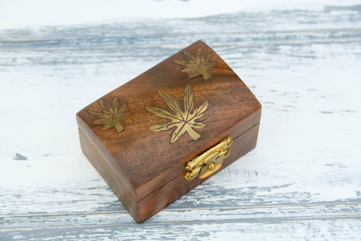Small Wooden Trinket Box Brass Weed Leaf Inlay. Wood Stash