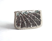 silver sequin clutch . sequin beade d evening bag . silver purse with ...