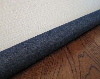 DENIM door draft stopper, draft snake, draft dodger, light noise blocker. Dark denim fabric.
