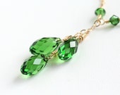 Kelly Green Trio Necklace with Swarovski Teardrop Crystals and Gold Fill