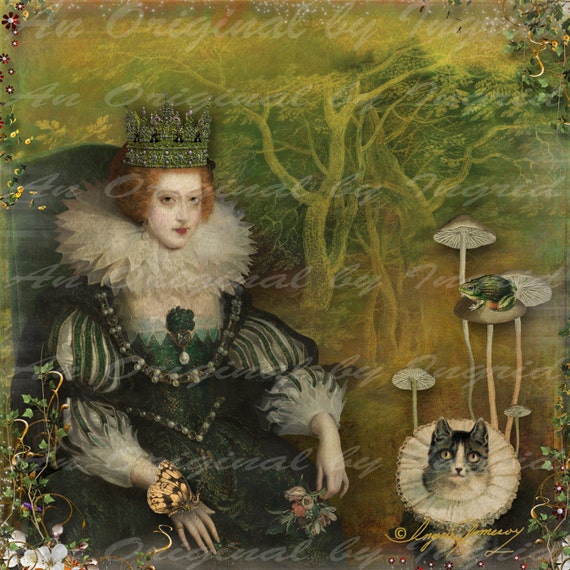 The  Queen and her Cat Digital Collage Greeting Card (Suitable for Framing)