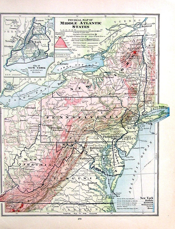 1906 Antique Map Middle Atlantic States Physical Map US