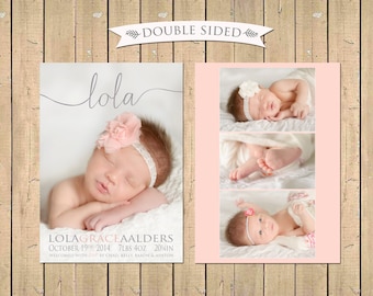 DOUBLE SIDED - Name Birth ANNOUNCEMENT - Baby Girl Announcement - Photo Baby Announcement -