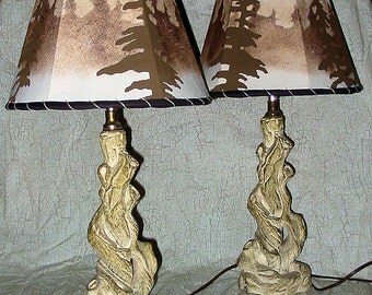 Two Rustic Driftwood Design Vintage Chalk Ware Lamps with Handmade Lampshades