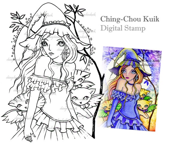 October Night - Digital Stamp Instant Download / Kitten Cat Witch Moon by Ching-Chou Kuik