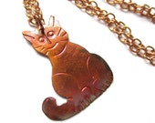 Rustic Copper Kitty Cat Pendant, Adjustable Chain Necklace, Hand Forged Metal