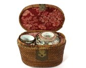 1870s Picnic Set, Rose Medallion High Tea Set in Wicker Basket, Antique Victorian Style
