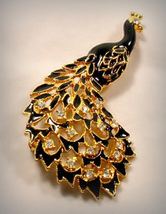 Vintage Peacock Pin Brooch in Black Enamel with Diamante