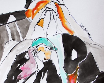 Rendezvous - Set of 8 Notecards - 5x7 - from original India Ink and watercolor painting. Two women, standing and repose