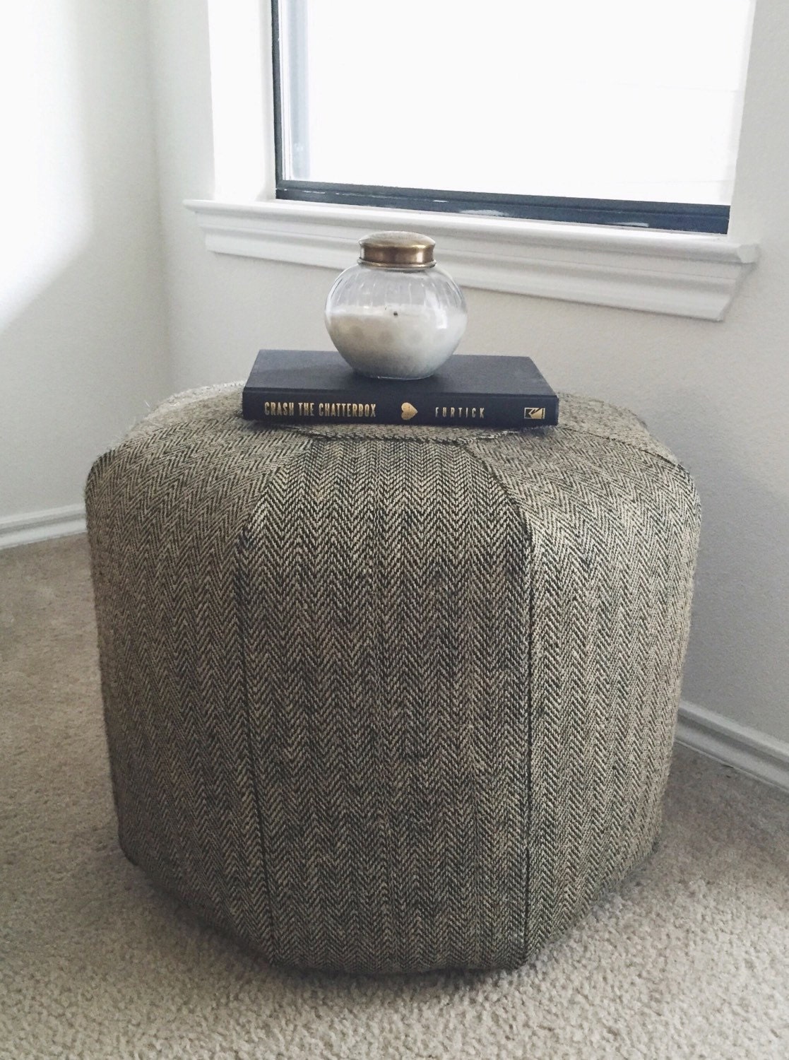 Tall Burlap Pouf Black Herringbone Chevron Stuffed Ottoman