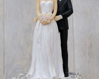 Embroidered Silver Bride and Groom Wedding Cake Topper - Custom Painted Hair Color Available - Groom in Navy Suit - 101920/21