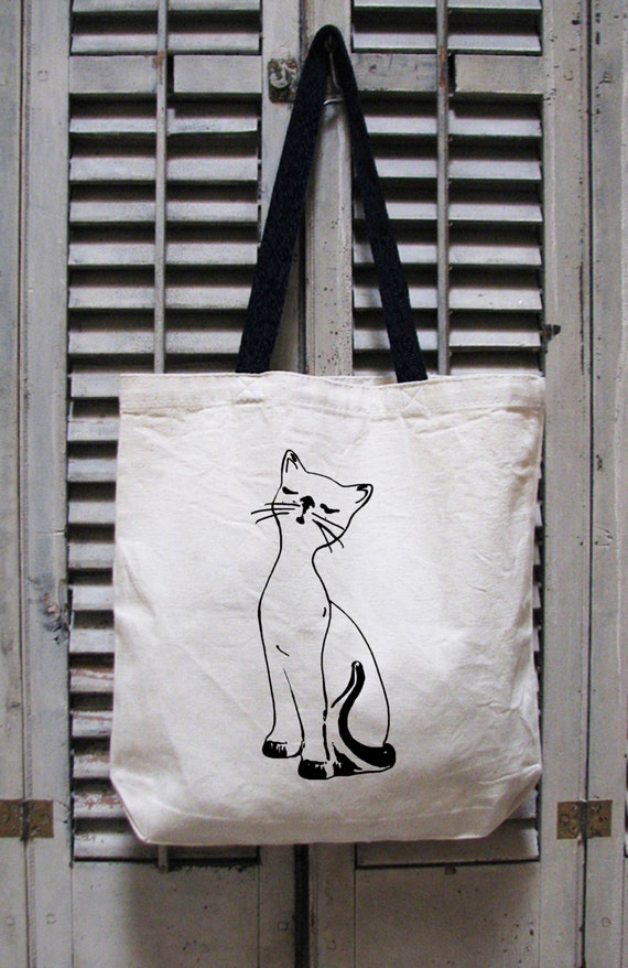 cat tote bag - vintage design RETRO CAT - cotton black handle canvas ...