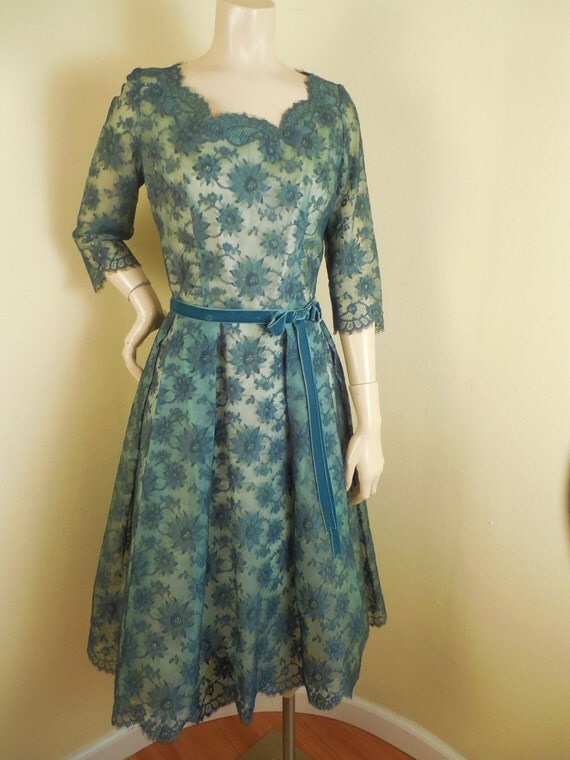 Vintage Teal Lace Dress with Satin lining slip by stilettoRANCH