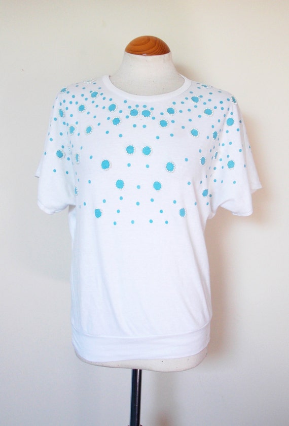 White and Blue Sequinned Statement T Shirt