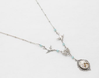 Steampunk Necklace Vintage watch movement gears silver bird charms with blue opal crystal flower statement necklace Steampunk Jewelry gift