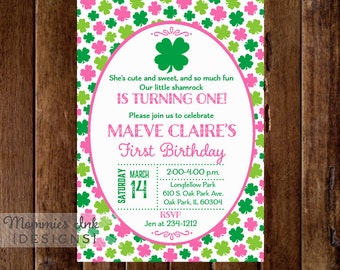Pink and Green Shamrock Birthday Invitation, Shamrock Invitation, St Patrick's Day Invitation, 4 leaf Clover Invitation, Lucky Charm Invite