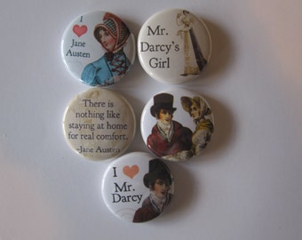 set of 5 Jane Austen themed Mini 1 inch magnets or 1.25 inch button magnets you choose size