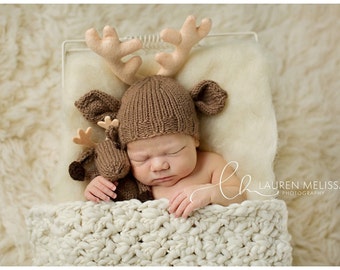 Baby Buck Deer Hat and Lovie,Stuffie Lovey, Deer Hat, Knit Infant Photo Prop, Newborn, Custom Antler Colors, Deer Hunter Reindeer Moose Elk
