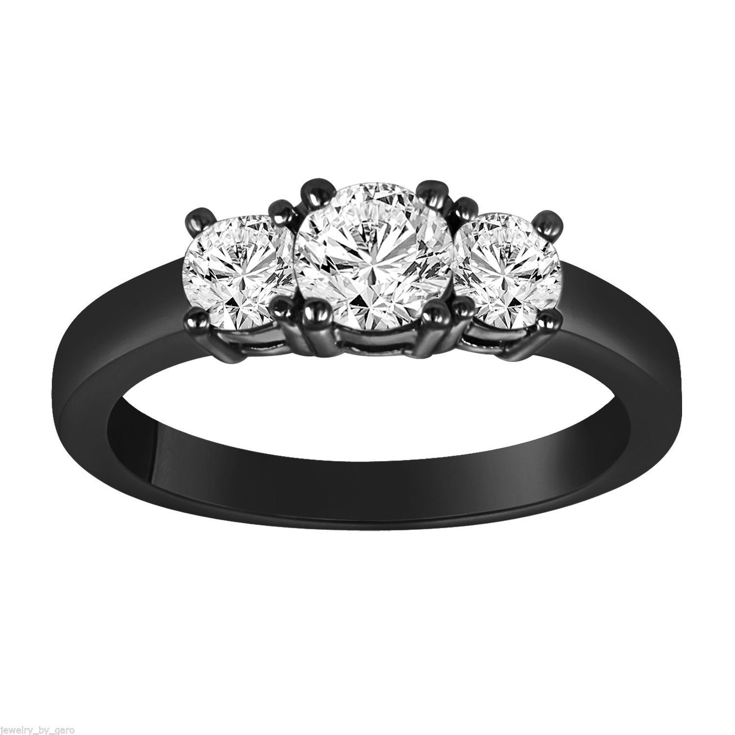 Three Stone Diamond Engagement Ring Vintage Style 14K Black