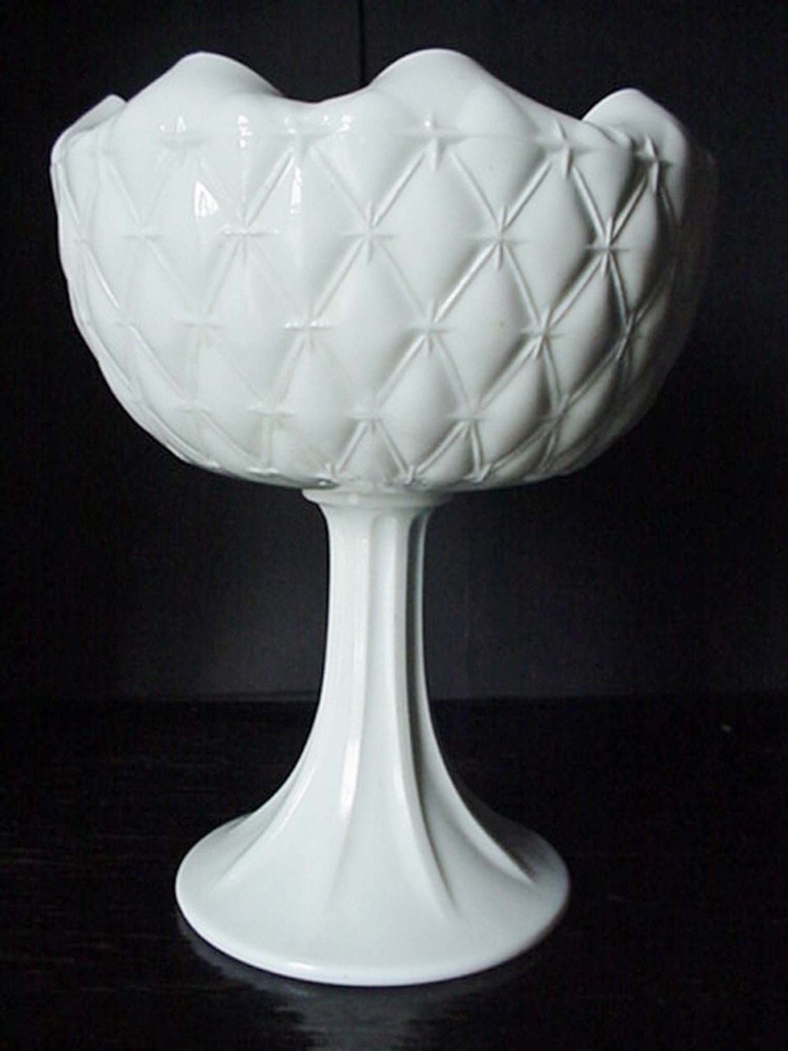 White Milk Glass Quilt Pattern Stemmed Bowl Fluted Rim Milk