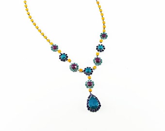 Neon Painted Rhinestone Necklace Turquoise, Deep Blue, Yellow, Pink