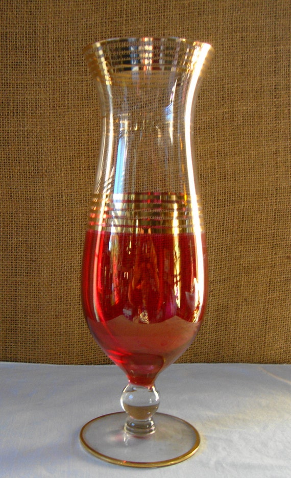 Vintage Cranberry Glass And Gold Pedestal Vase Footed Vase Red